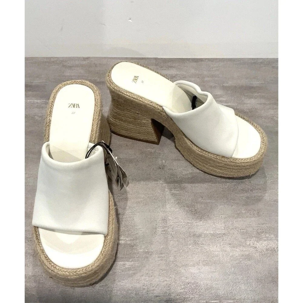 Zara White Leather Chunky Platform Sandals Jute Espadrille Mules NWT Size 37 6.5 - Picture 4 of 11